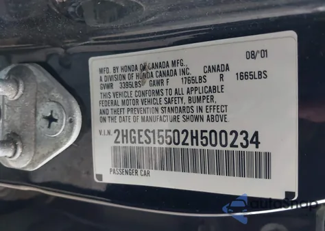 2002 Honda Civic Lx из США, поврежденный, VIN 2HGES15502H500234